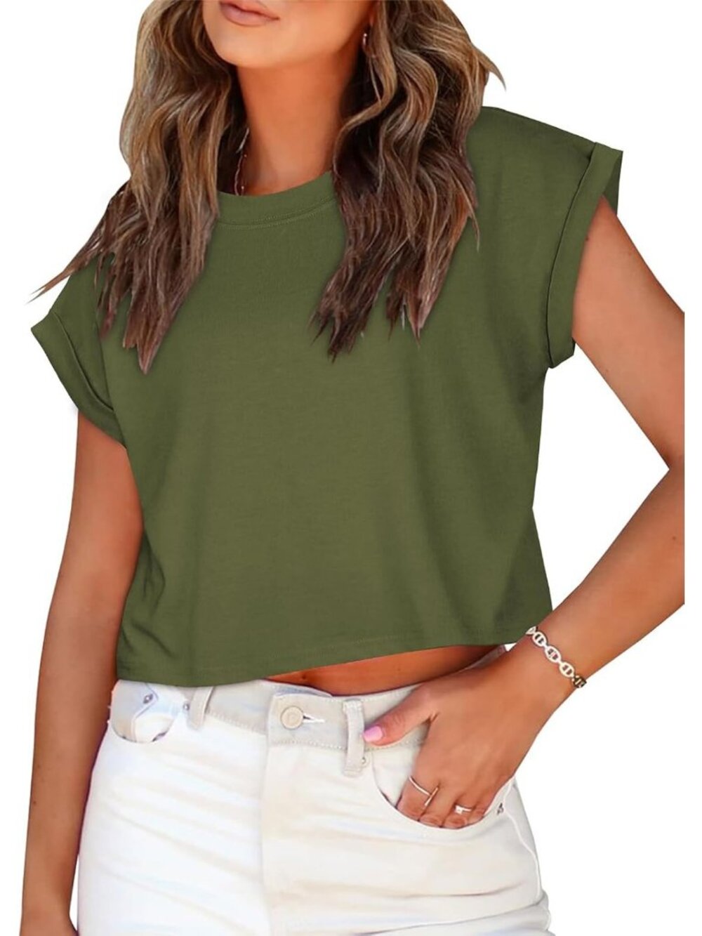 Women's Army Green Crew Neck Cap Sleeves Crop Casual Pull On Basic Tees Shirts